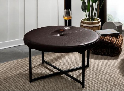 Coffee table made of high-quality leather, tabletop material metal, living room, dark brown